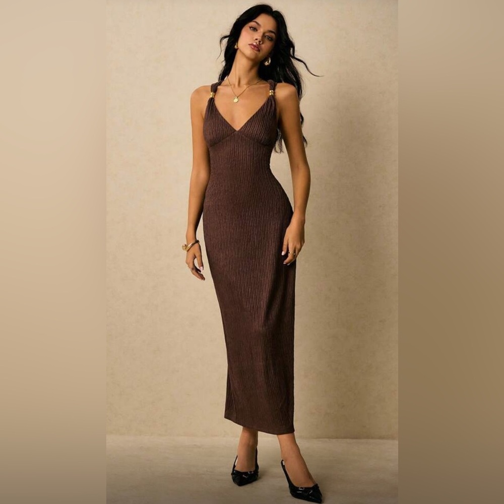 Chocolate Brown Dress Gold Detailing & Crisscross Back